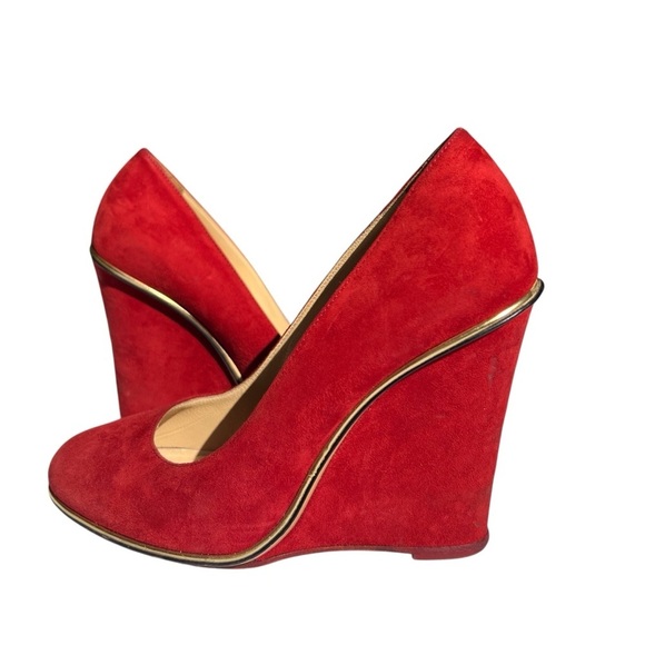 CHARLOTTE OLYMPIA Carmen 100 Wedge Suede Red Round Toe Heels Shoes EU 36 - Picture 6 of 10